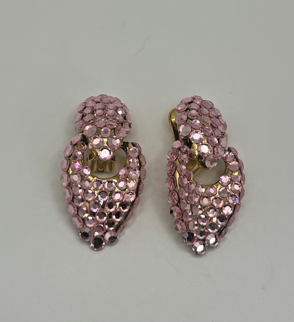 Bold Sparkling Gold Tone Pink Rhinestone Door Knocker Clip On Earrings